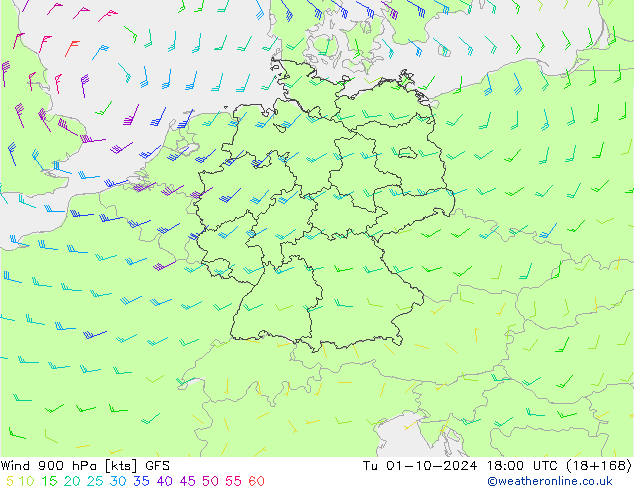 Wind 900 hPa GFS Tu 01.10.2024 18 UTC