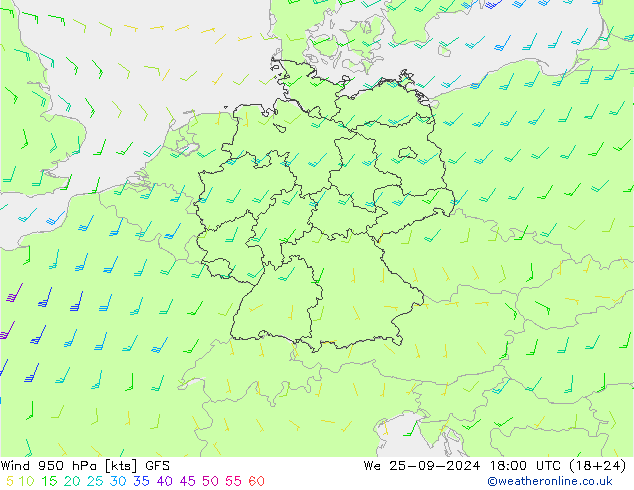 wiatr 950 hPa GFS śro. 25.09.2024 18 UTC