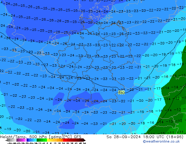 Height/Temp. 500 hPa GFS Sa 28.09.2024 18 UTC