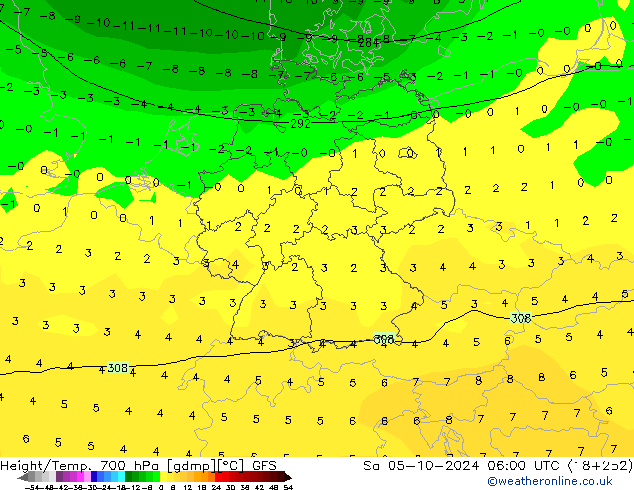 Height/Temp. 700 hPa GFS Sa 05.10.2024 06 UTC