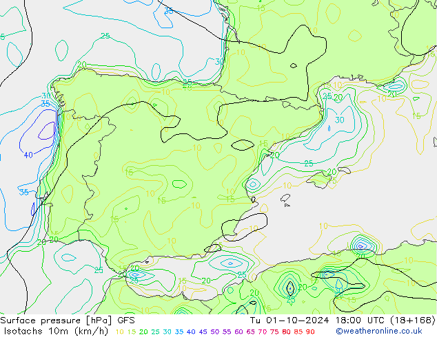 Isotachs (kph) GFS Út 01.10.2024 18 UTC