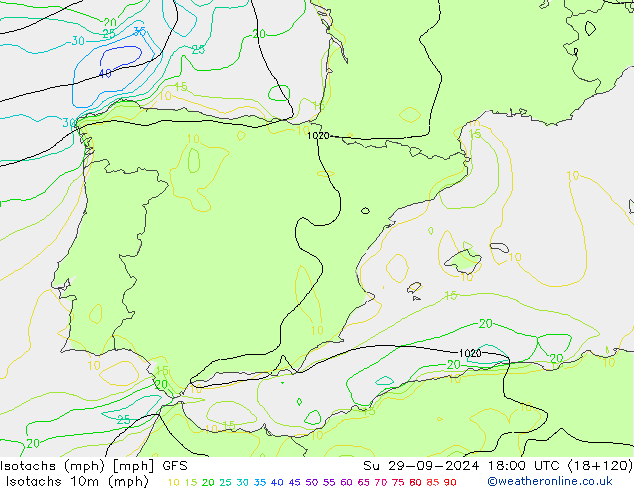 Isotachs (mph) GFS dom 29.09.2024 18 UTC