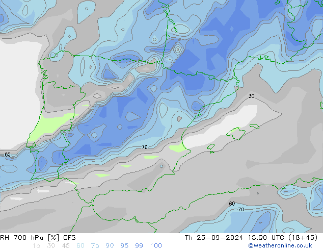 RH 700 hPa GFS czw. 26.09.2024 15 UTC