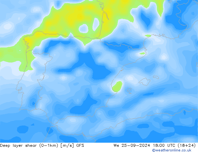 Deep layer shear (0-1km) GFS  25.09.2024 18 UTC