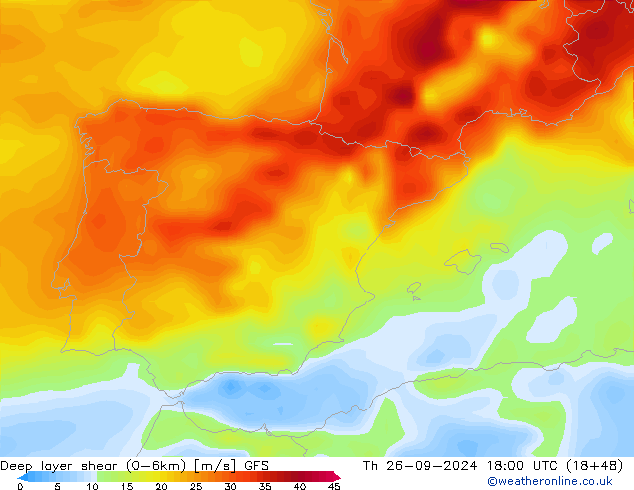 Deep layer shear (0-6km) GFS чт 26.09.2024 18 UTC