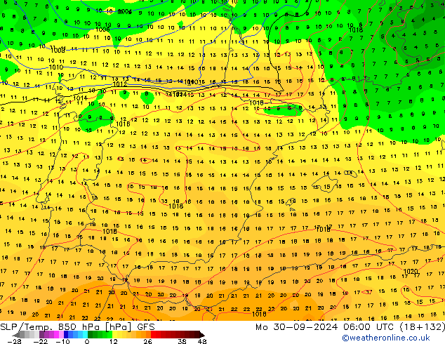 SLP/Temp. 850 hPa GFS lun 30.09.2024 06 UTC