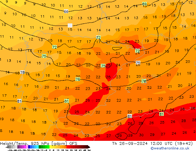 Height/Temp. 925 hPa GFS Čt 26.09.2024 12 UTC