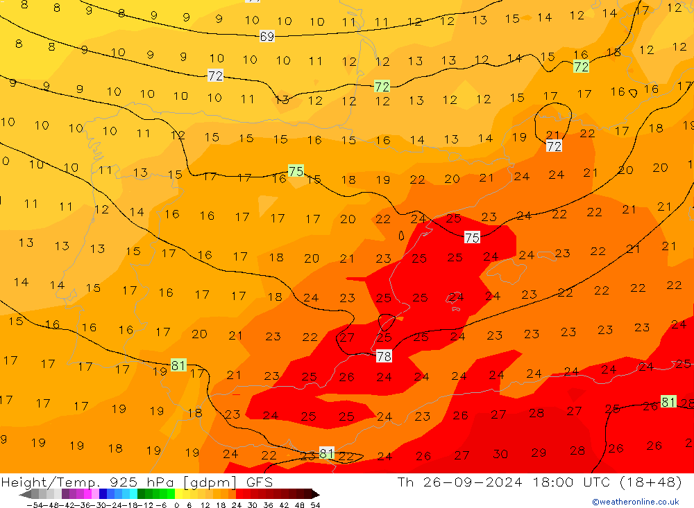 Yükseklik/Sıc. 925 hPa GFS Per 26.09.2024 18 UTC