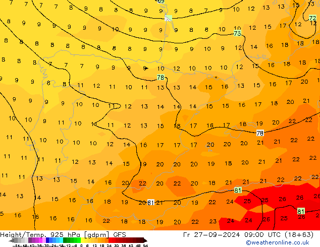 Hoogte/Temp. 925 hPa GFS vr 27.09.2024 09 UTC