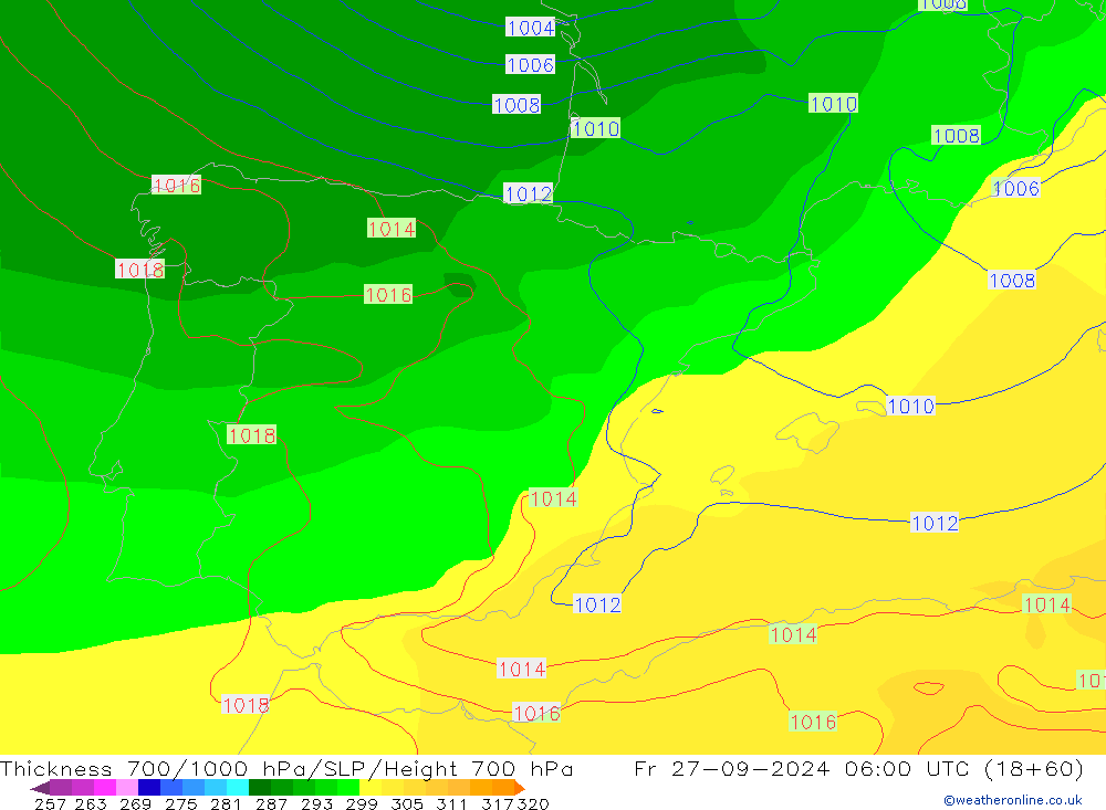 700-1000 hPa Kalınlığı GFS Cu 27.09.2024 06 UTC