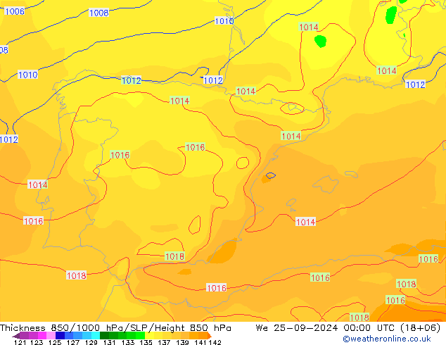 Dikte 850-1000 hPa GFS wo 25.09.2024 00 UTC