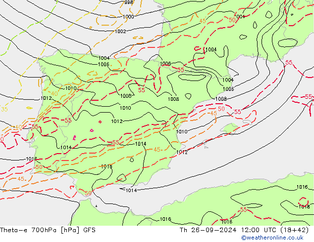 Theta-e 700гПа GFS чт 26.09.2024 12 UTC