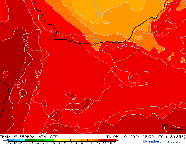 Theta-W 850hPa GFS mar 08.10.2024 18 UTC