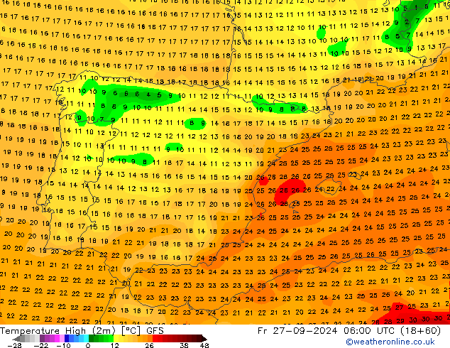 Temperatura máx. (2m) GFS vie 27.09.2024 06 UTC