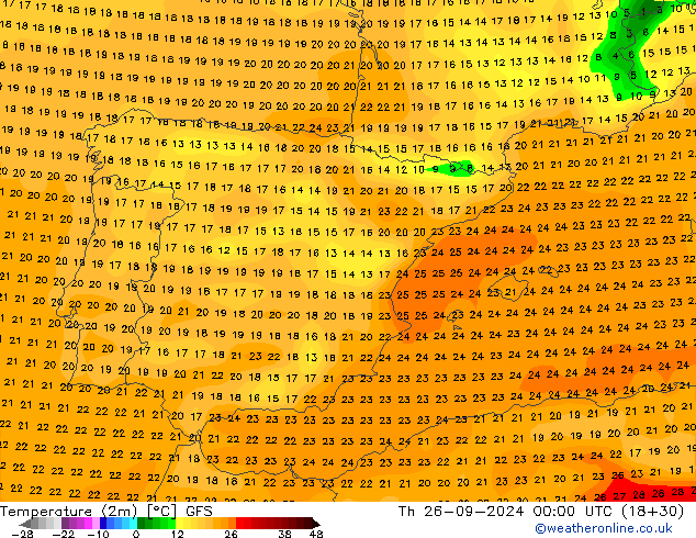 Temperatura (2m) GFS Qui 26.09.2024 00 UTC