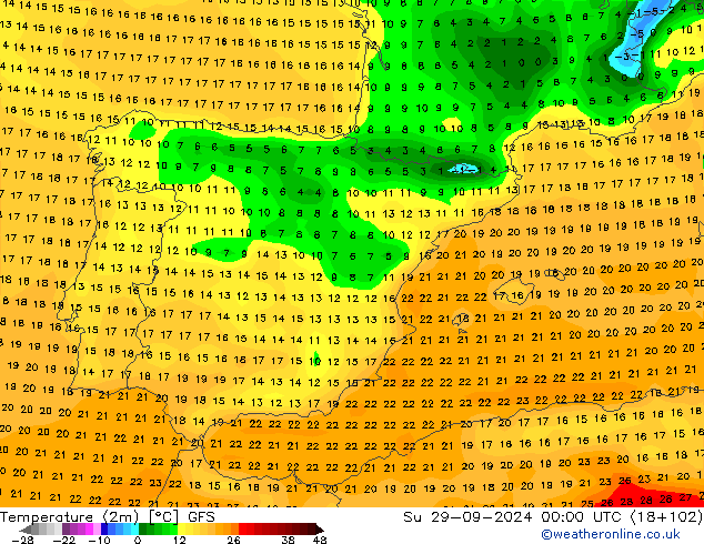 température (2m) GFS dim 29.09.2024 00 UTC