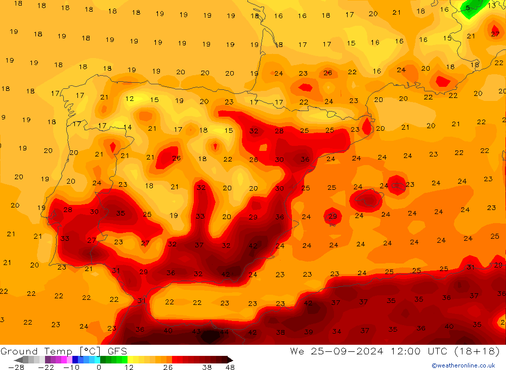 Temp. gruntu GFS śro. 25.09.2024 12 UTC