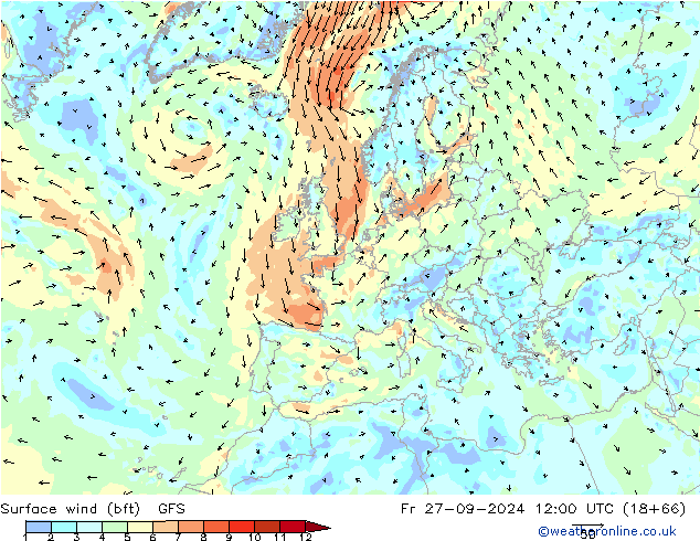 Vent 10 m (bft) GFS ven 27.09.2024 12 UTC