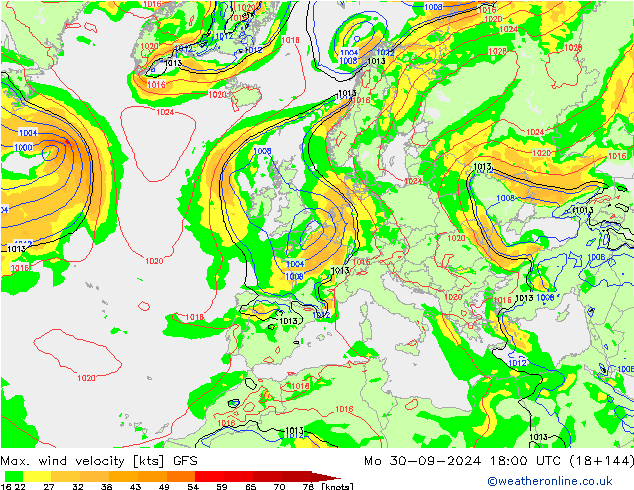 Max. wind snelheid GFS ma 30.09.2024 18 UTC