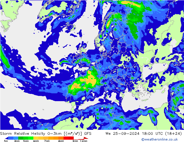 Storm Relative Helicity GFS Mi 25.09.2024 18 UTC