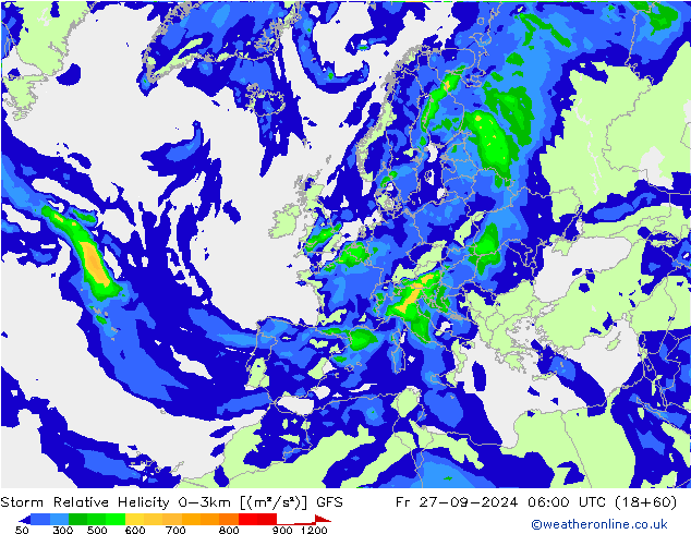 Storm Relative Helicity GFS vie 27.09.2024 06 UTC