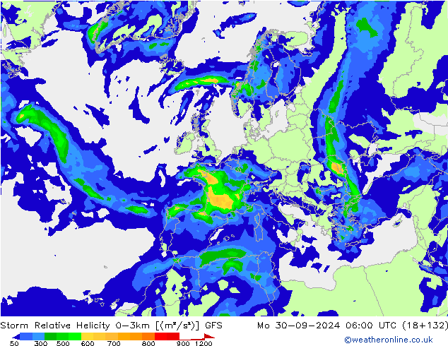 Storm Relative Helicity GFS Po 30.09.2024 06 UTC