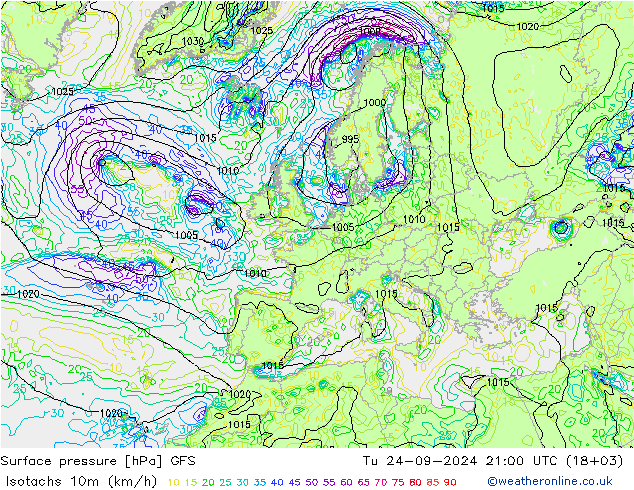 Isotachen (km/h) GFS di 24.09.2024 21 UTC