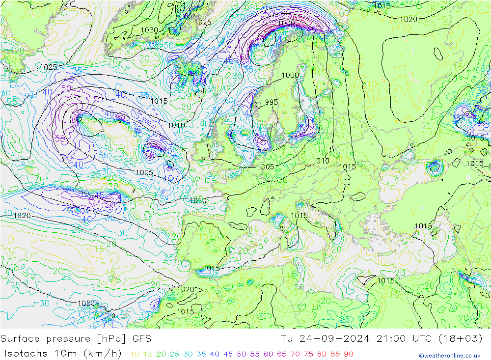 Izotacha (km/godz) GFS wto. 24.09.2024 21 UTC