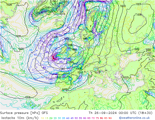 Isotachs (kph) GFS Th 26.09.2024 00 UTC