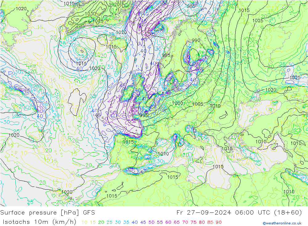 Eşrüzgar Hızları (km/sa) GFS Cu 27.09.2024 06 UTC