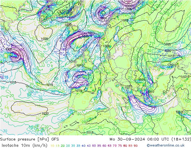 Isotachen (km/h) GFS Mo 30.09.2024 06 UTC