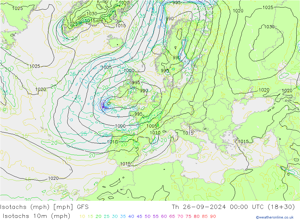 Isotachen (mph) GFS do 26.09.2024 00 UTC