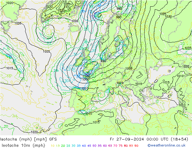 Isotachs (mph) GFS пт 27.09.2024 00 UTC