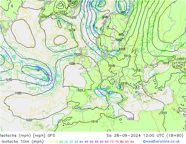 Isotachs (mph) GFS Sa 28.09.2024 12 UTC