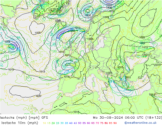 Izotacha (mph) GFS pon. 30.09.2024 06 UTC