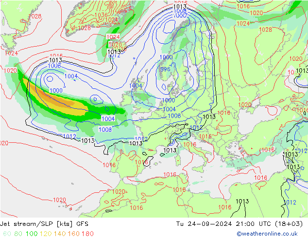 Jet stream/SLP GFS Tu 24.09.2024 21 UTC