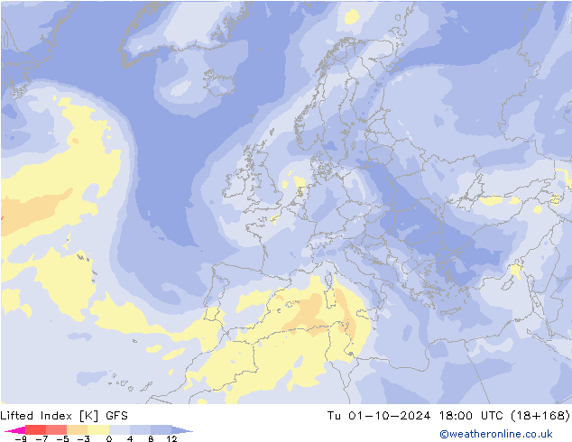 Lifted Index GFS вт 01.10.2024 18 UTC