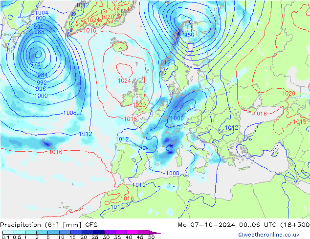 Z500/Rain (+SLP)/Z850 GFS Mo 07.10.2024 06 UTC