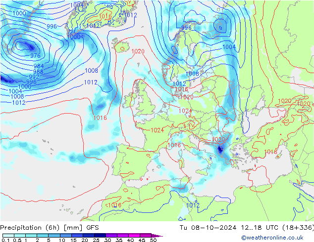 Z500/Rain (+SLP)/Z850 GFS Di 08.10.2024 18 UTC