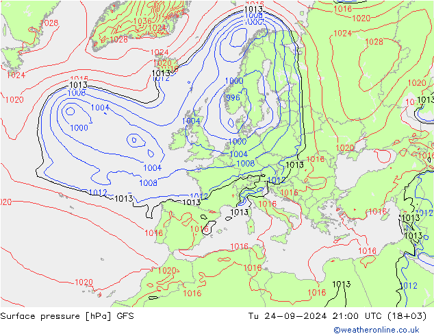 Atmosférický tlak GFS Út 24.09.2024 21 UTC