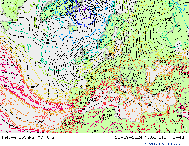 Theta-e 850hPa GFS gio 26.09.2024 18 UTC