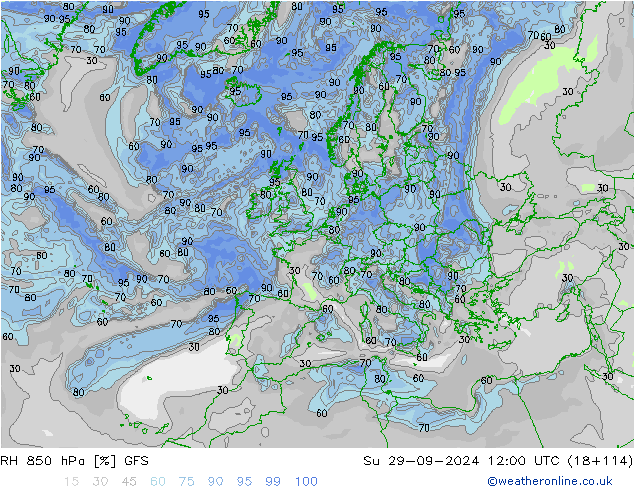 RH 850 hPa GFS Su 29.09.2024 12 UTC