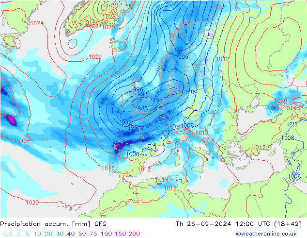 Precipitation accum. GFS Th 26.09.2024 12 UTC