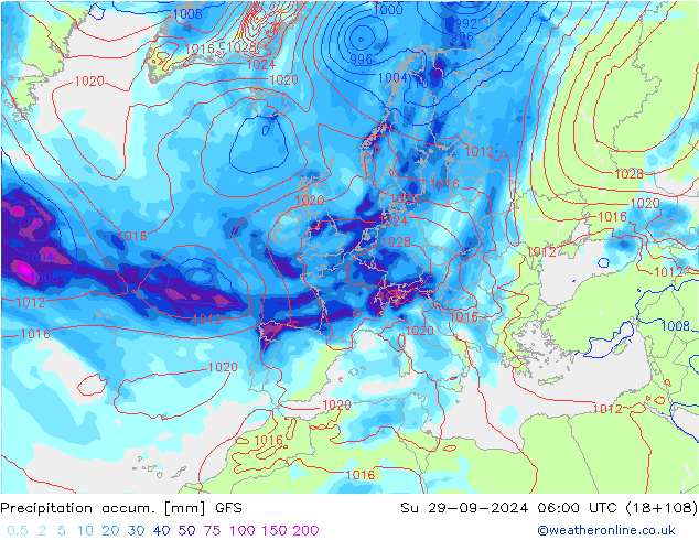 Totale neerslag GFS zo 29.09.2024 06 UTC