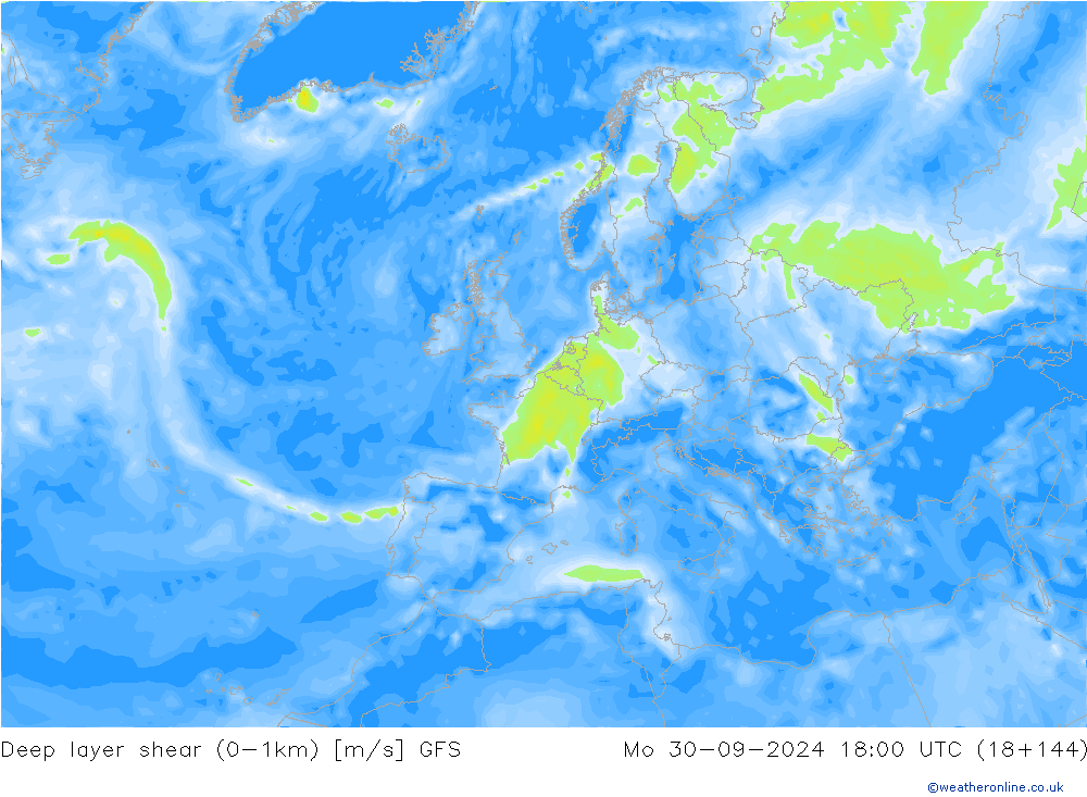 Deep layer shear (0-1km) GFS пн 30.09.2024 18 UTC