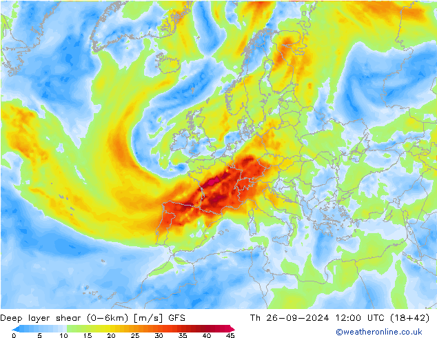 Deep layer shear (0-6km) GFS gio 26.09.2024 12 UTC