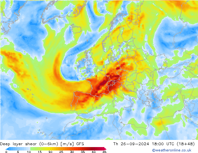 Deep layer shear (0-6km) GFS gio 26.09.2024 18 UTC