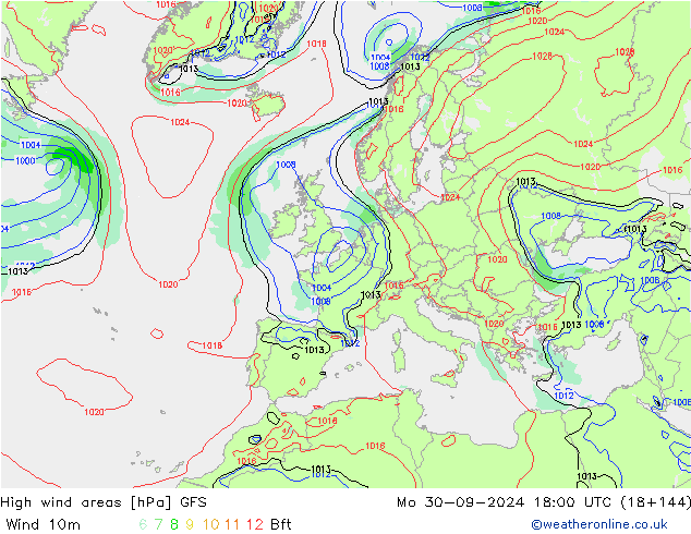 High wind areas GFS Mo 30.09.2024 18 UTC