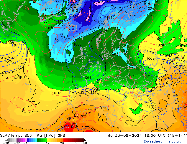 SLP/Temp. 850 hPa GFS ma 30.09.2024 18 UTC