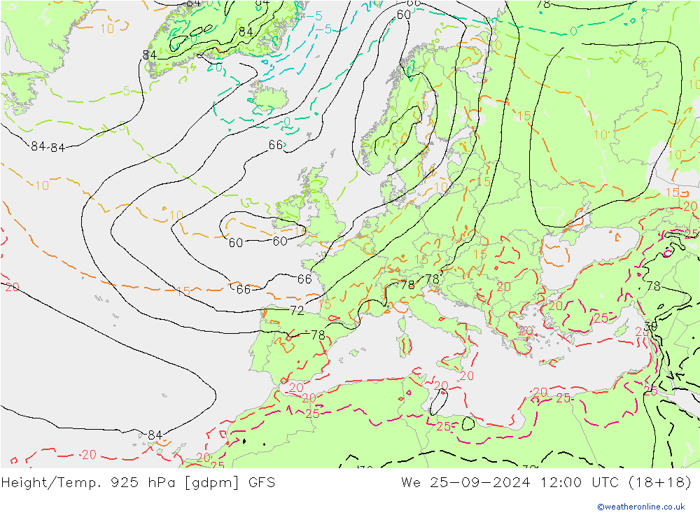 Height/Temp. 925 гПа GFS ср 25.09.2024 12 UTC